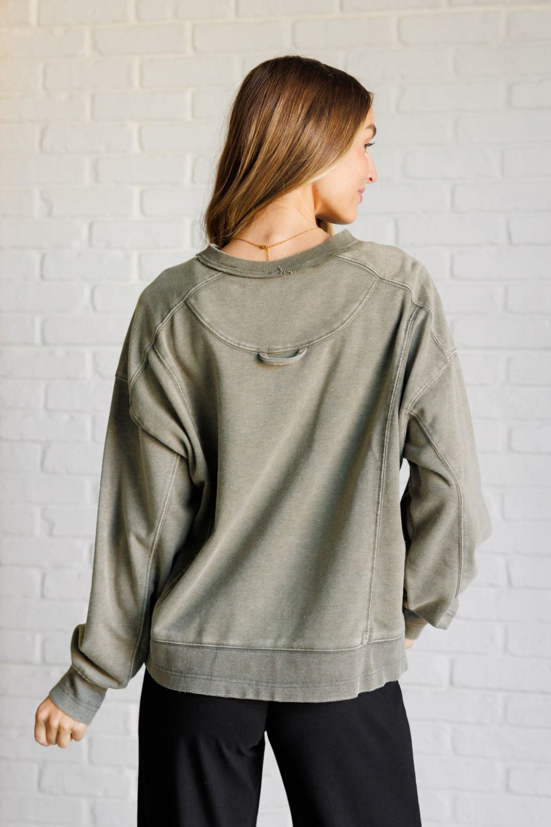 Quick Fix Mineral Wash Crew Neck Pullover in Army Green | Sweatshirts & Hoodies