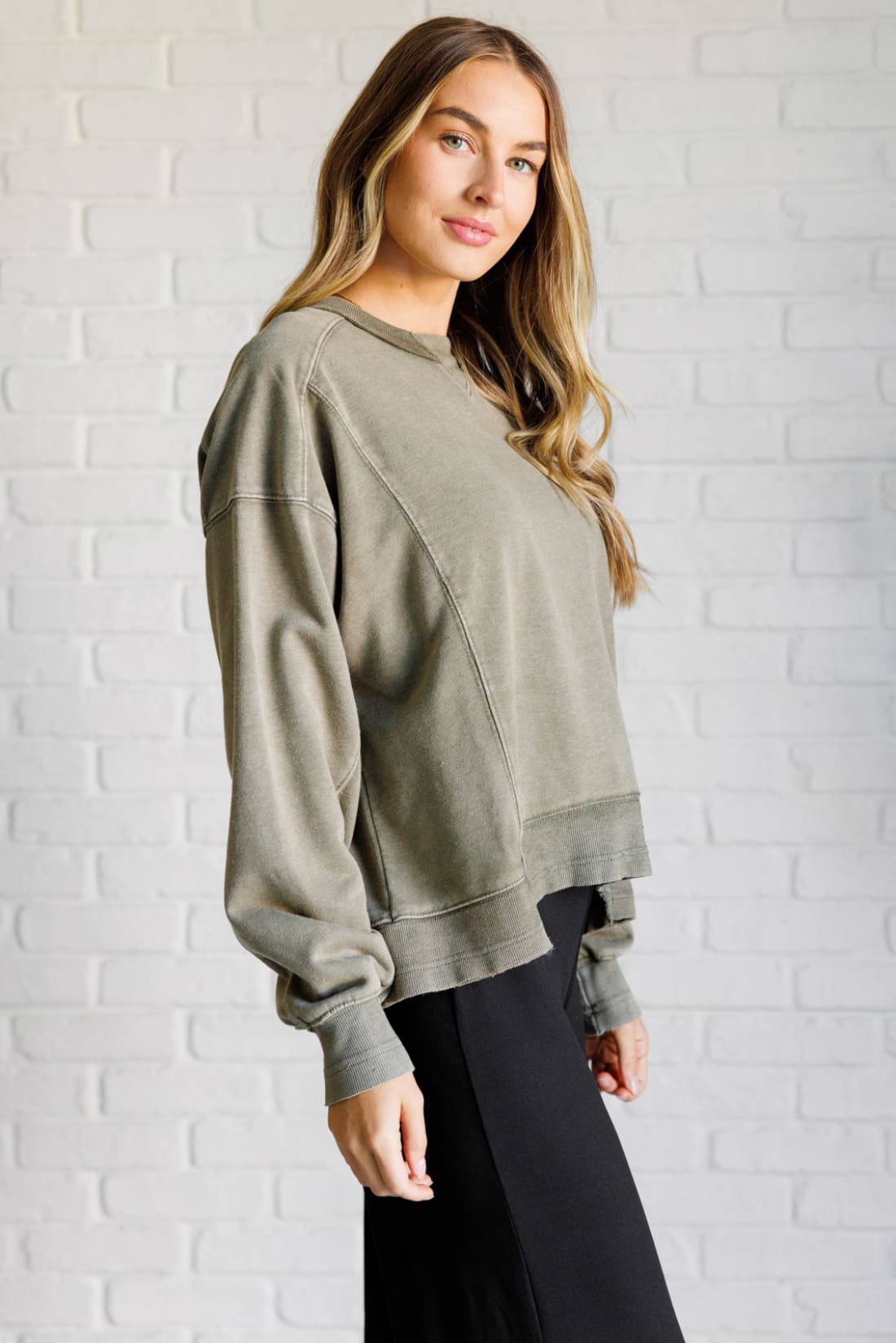 Quick Fix Mineral Wash Crew Neck Pullover in Army Green | Sweatshirts & Hoodies