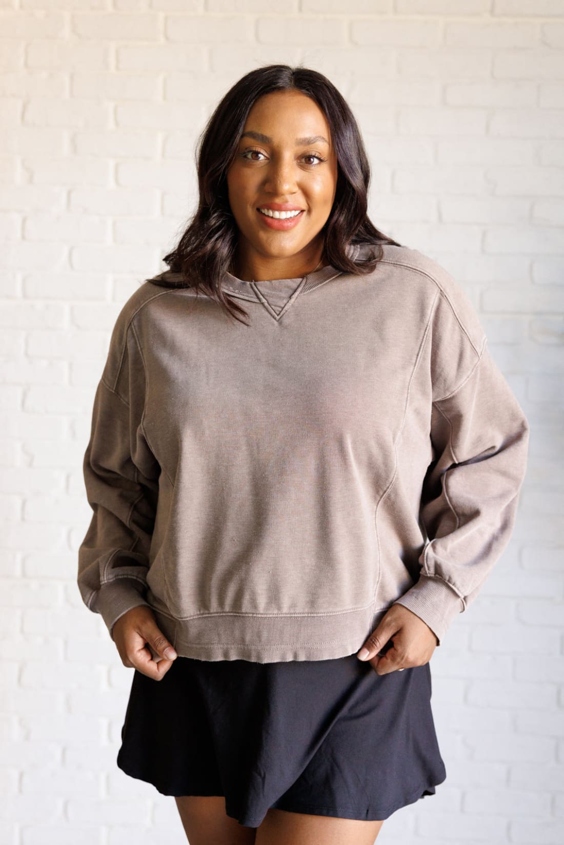 Quick Fix Mineral Wash Crew Neck Pullover in Mocha | Sweatshirts & Hoodies