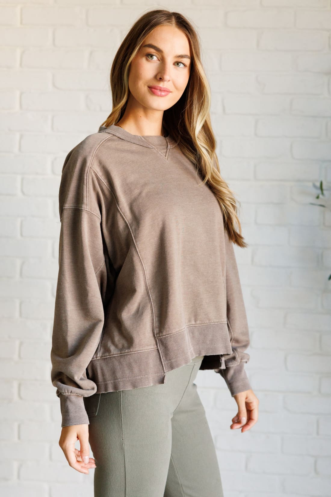 Quick Fix Mineral Wash Crew Neck Pullover in Mocha | Sweatshirts & Hoodies