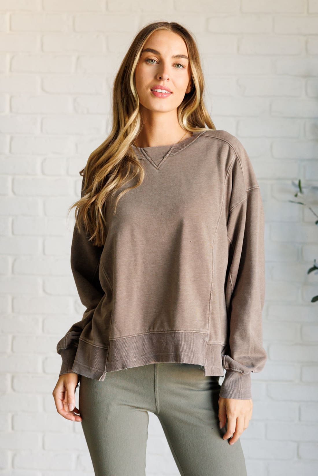 Quick Fix Mineral Wash Crew Neck Pullover in Mocha | Sweatshirts & Hoodies