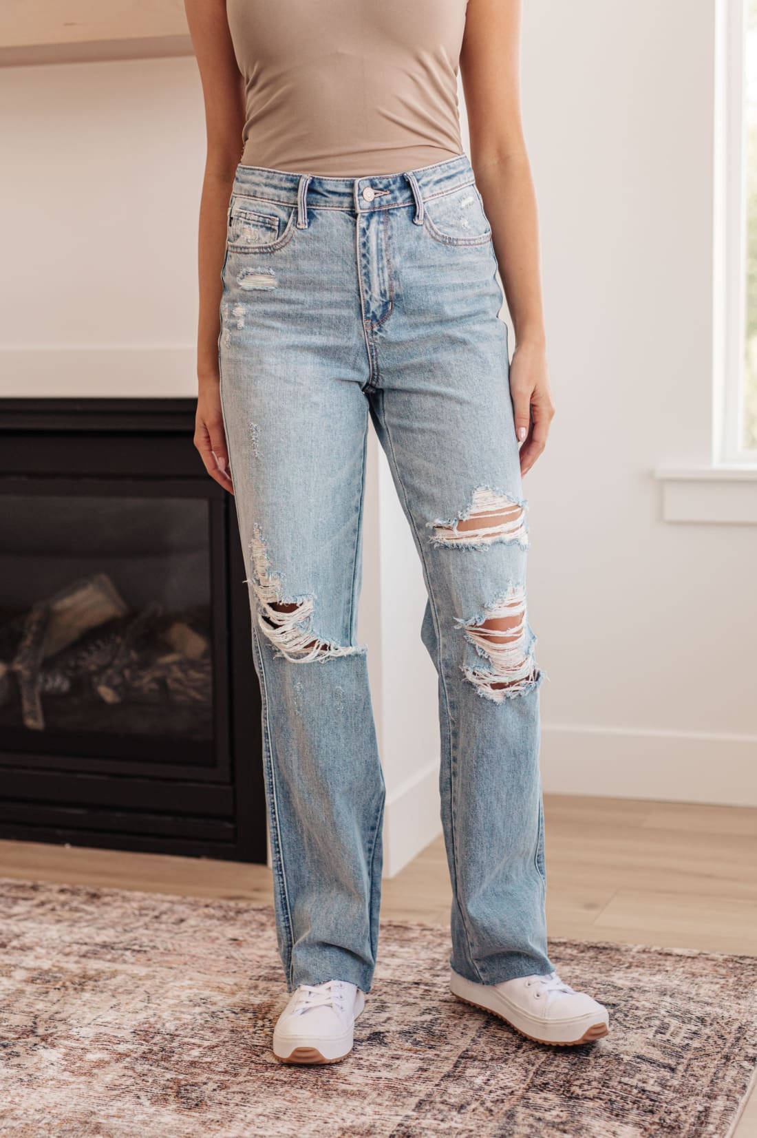 Ramona High Rise Rigid Magic Destroyed Straight Jeans | Denim