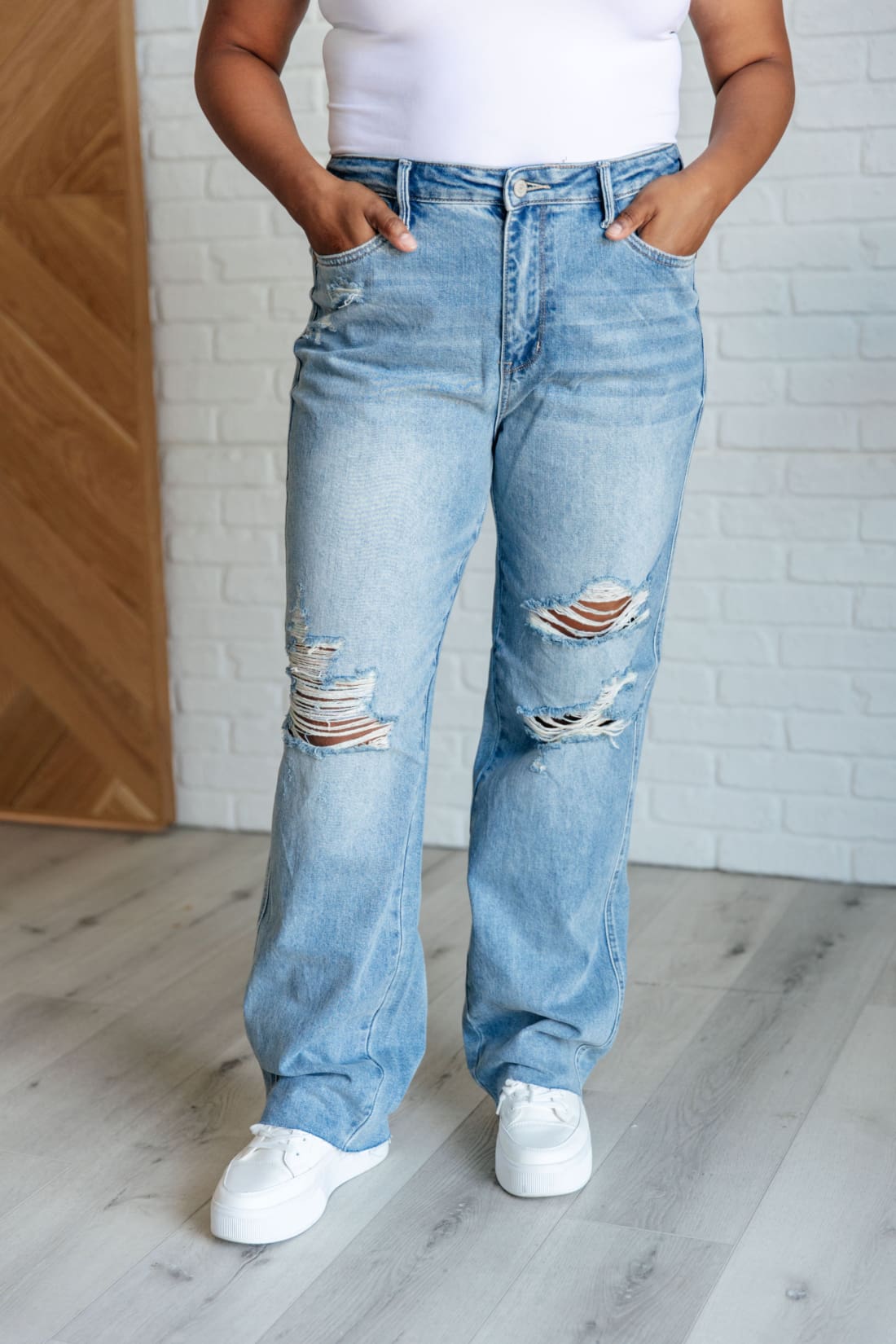 Ramona High Rise Rigid Magic Destroyed Straight Jeans | Denim