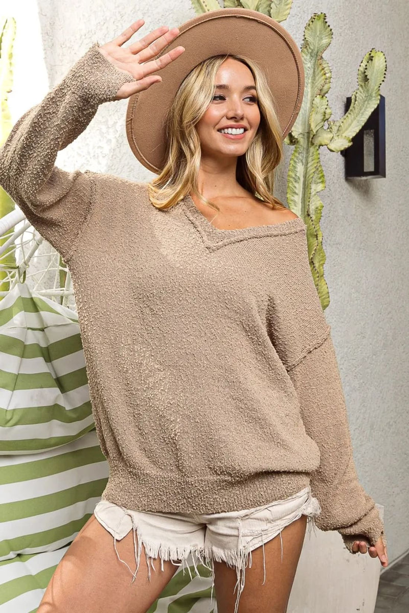 Raw Edged Popcorn Texture V-neck Sweater