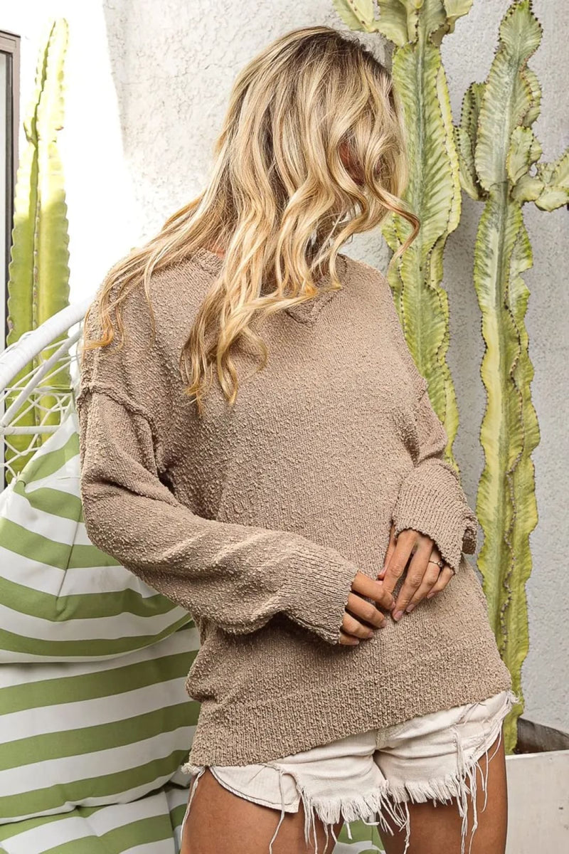 Raw Edged Popcorn Texture V-neck Sweater