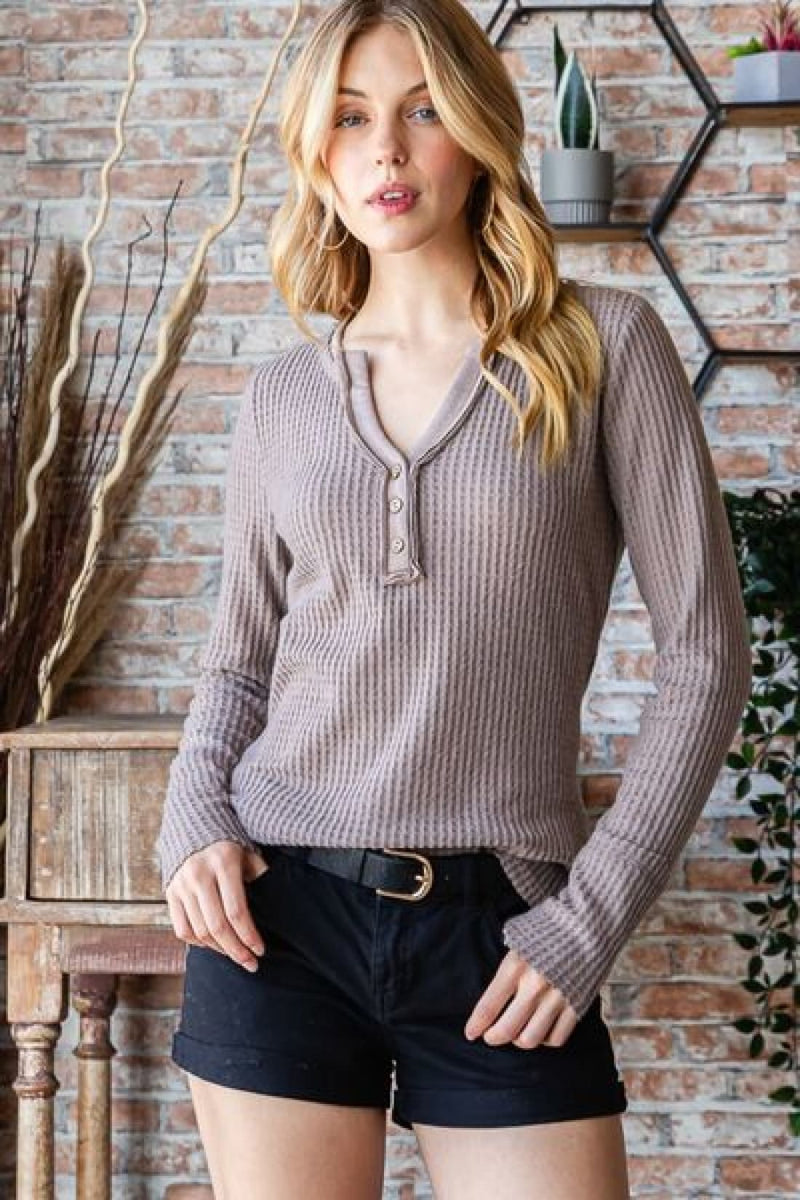 Reborn J Waffle Knit Notched Long Sleeve Top | Tops