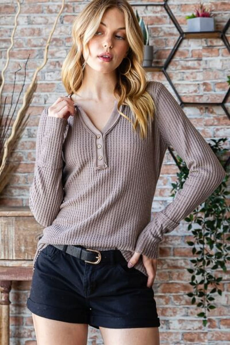 Reborn J Waffle Knit Notched Long Sleeve Top | Tops