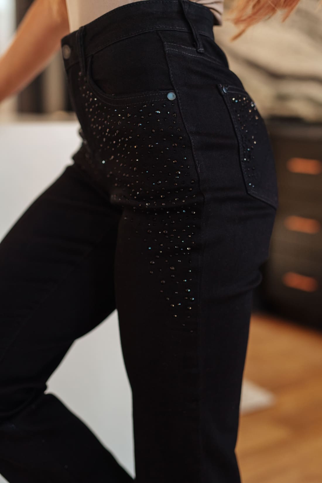 Reese Rhinestone Slim Fit Jeans in Black | Womens jeans