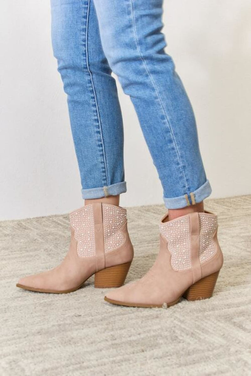 Rhinestone Ankle Cowgirl Beige Booties