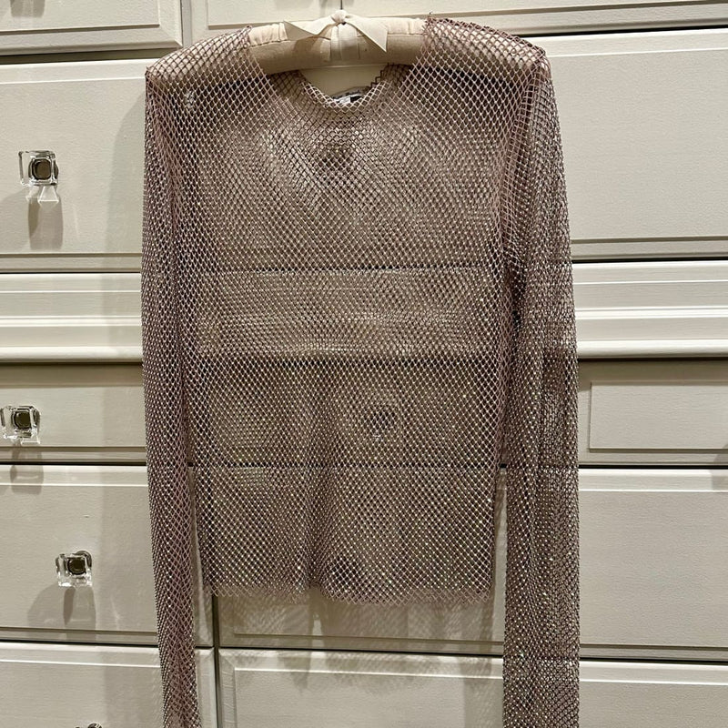 Gold + White Sparkly Top for Layering | Glitter Rhinestone Party Top