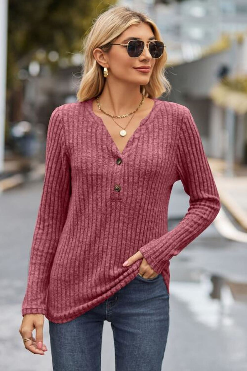 Ribbed Half Button Long Sleeve Knit Top | Long Sleeve Tops