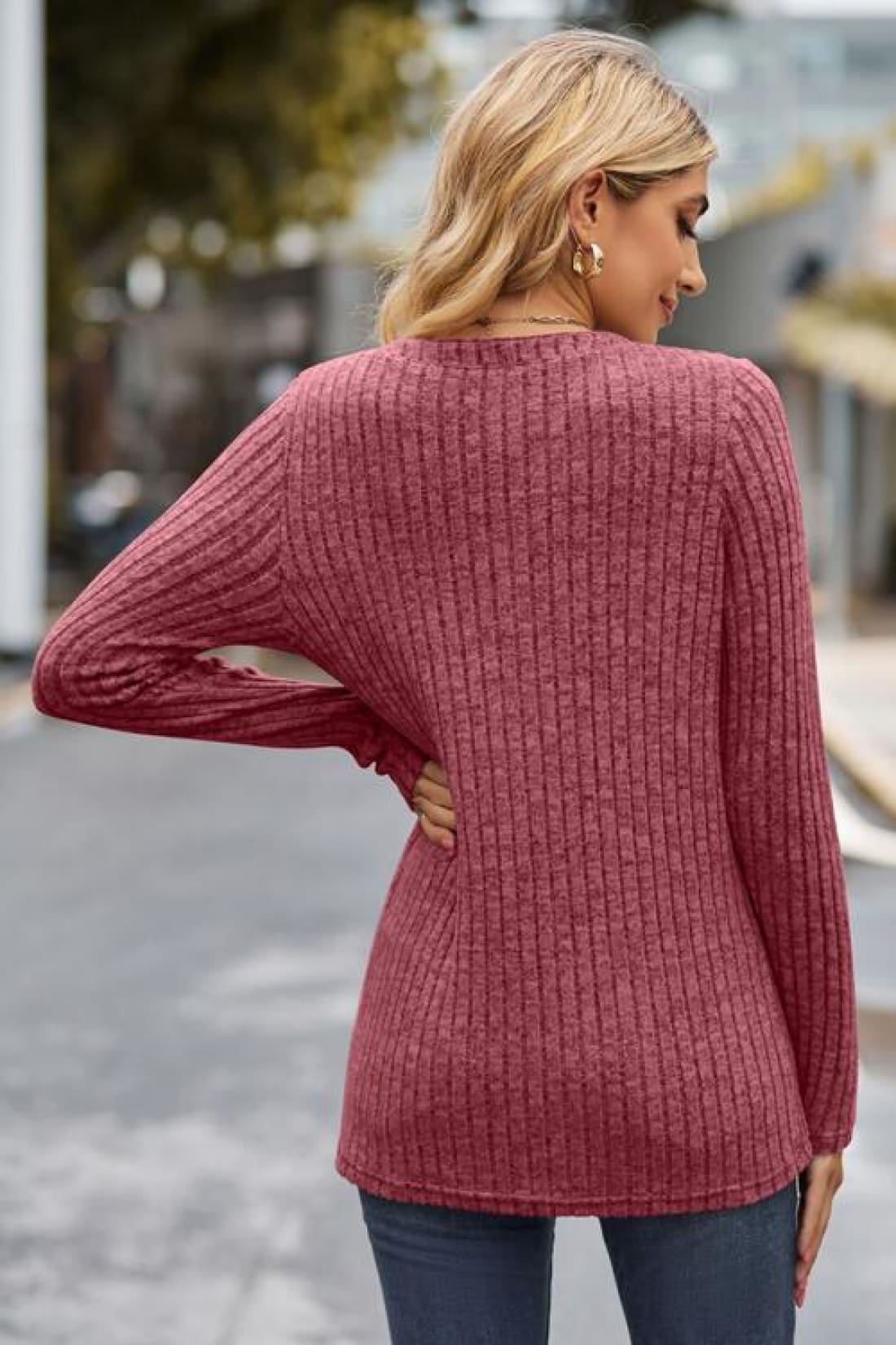 Ribbed Half Button Long Sleeve Knit Top | Long Sleeve Tops