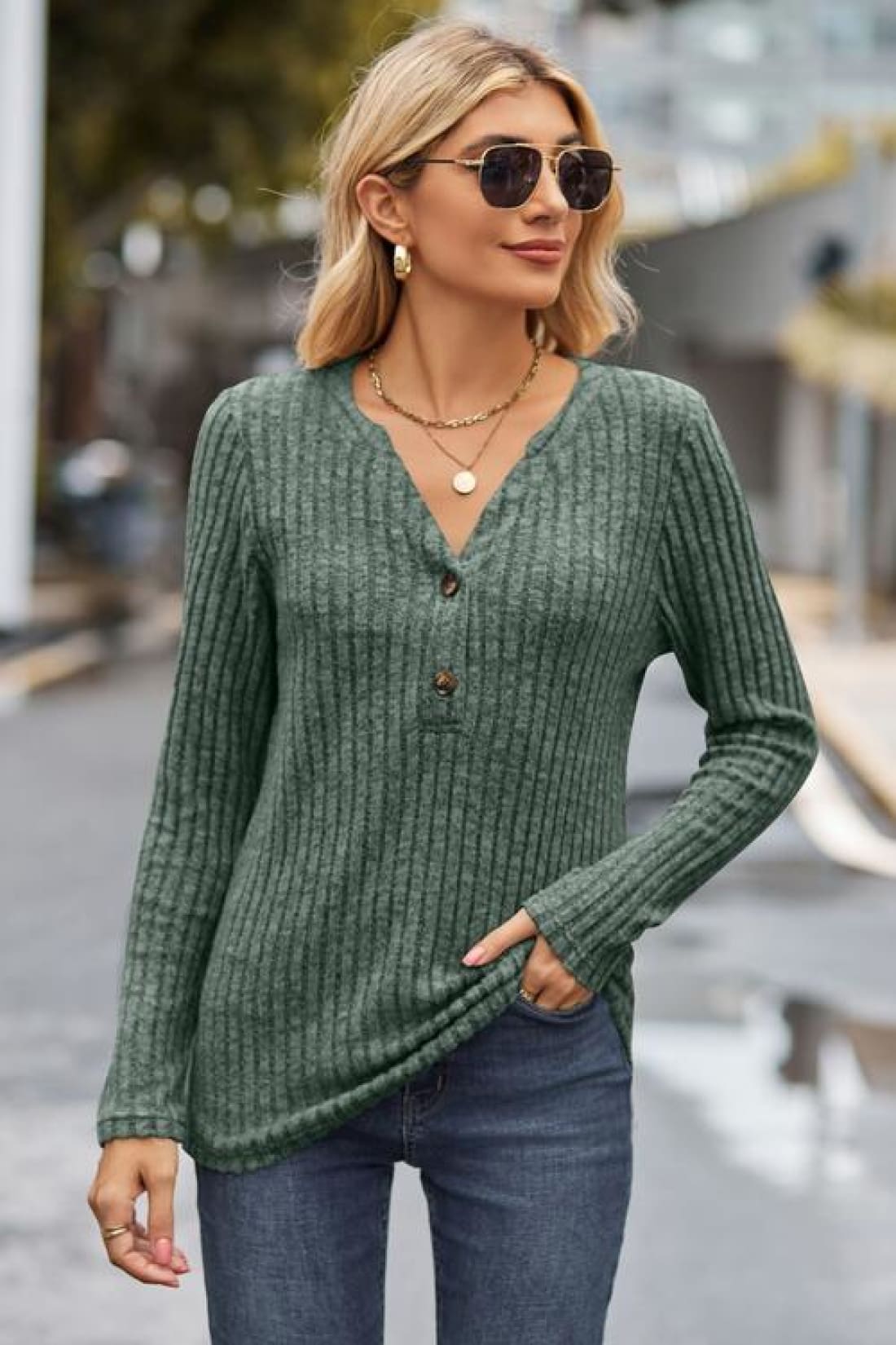 Ribbed Half Button Long Sleeve Knit Top | Long Sleeve Tops