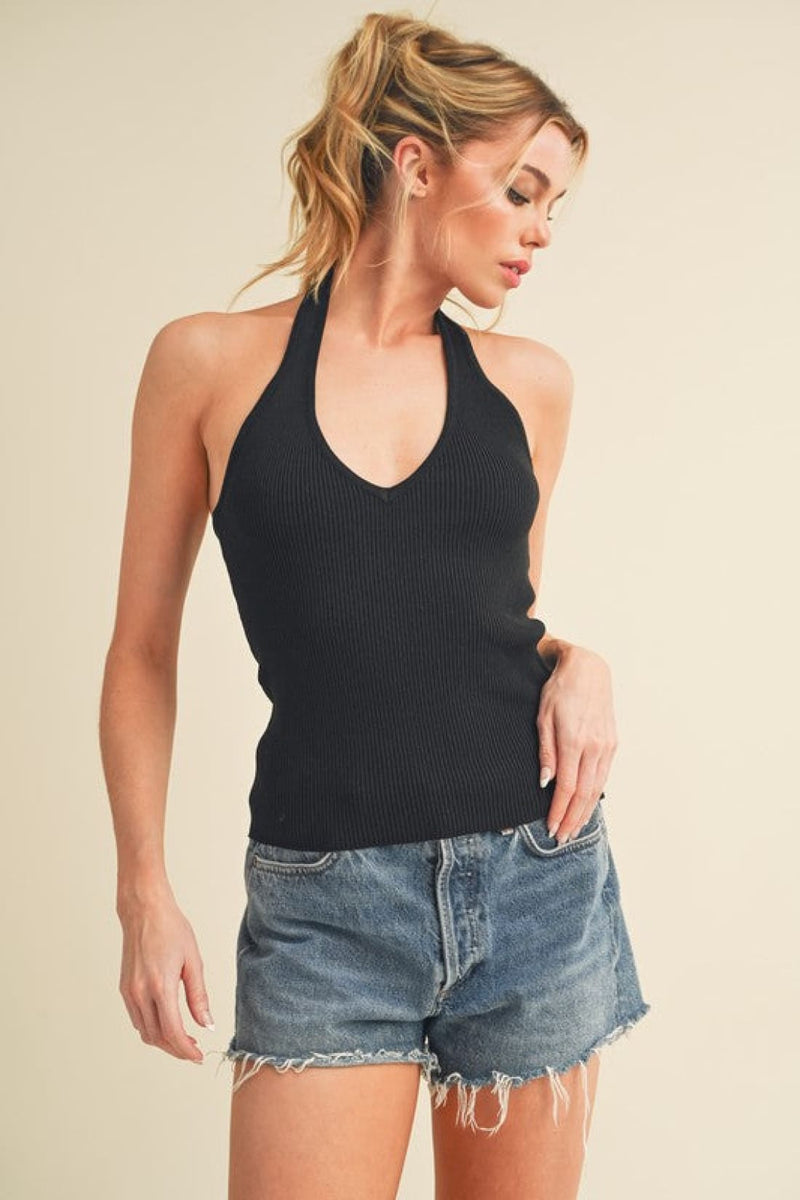 Ribbed Halter Neck Cami in Black