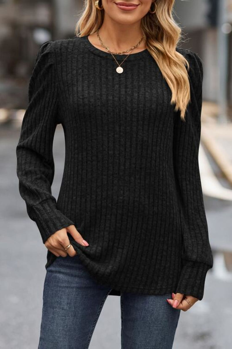 Ribbed Round Neck Long Sleeve Knit Top | Tops