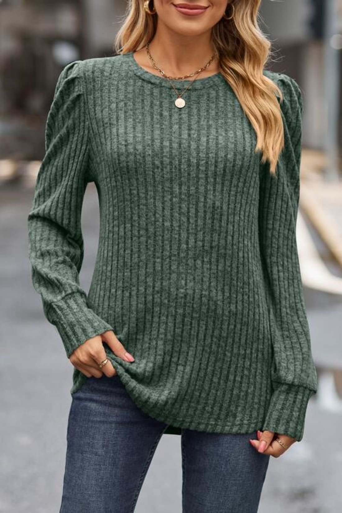 Ribbed Round Neck Long Sleeve Knit Top | Long Sleeve Tops