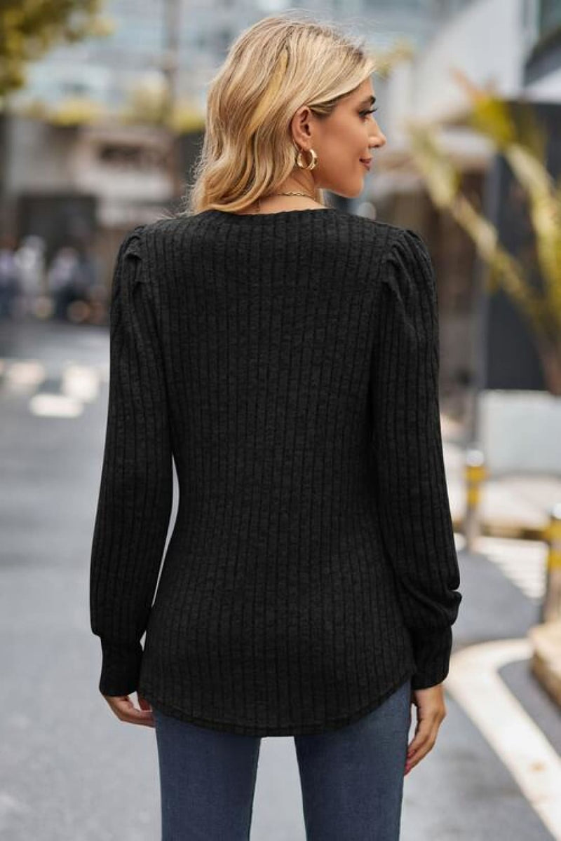 Ribbed Round Neck Long Sleeve Knit Top | Long Sleeve Tops