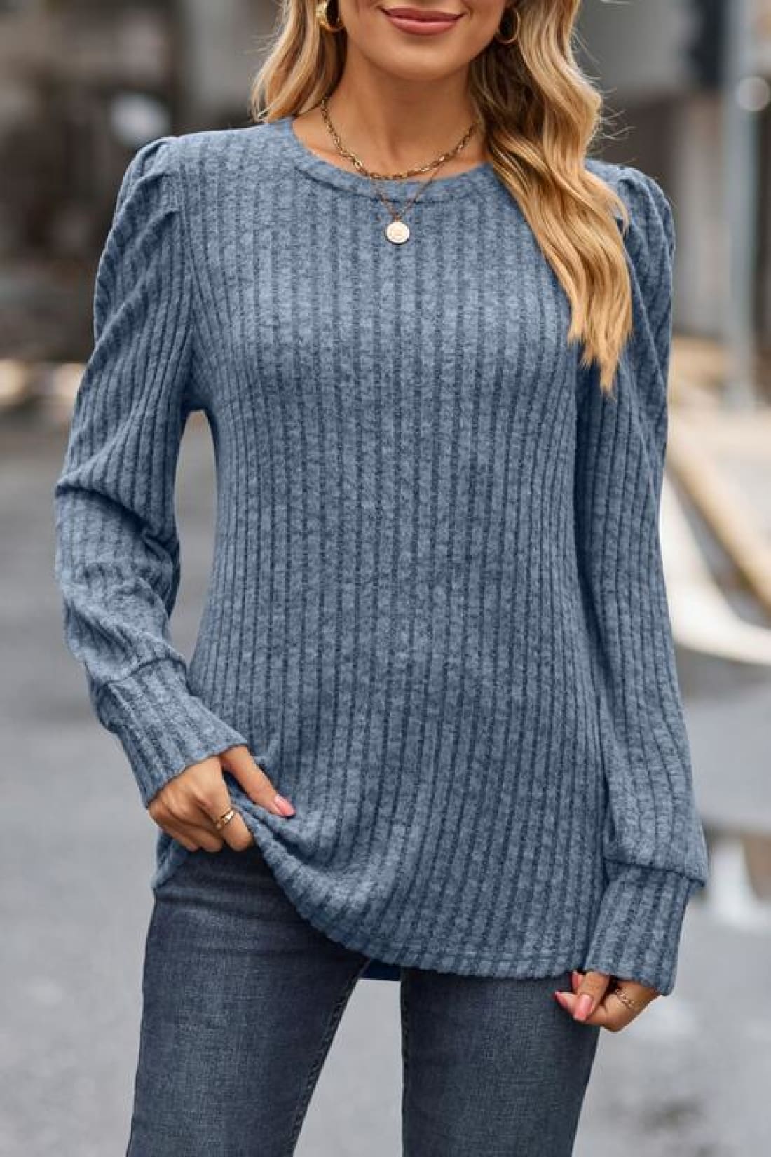 Ribbed Round Neck Long Sleeve Knit Top | Long Sleeve Tops