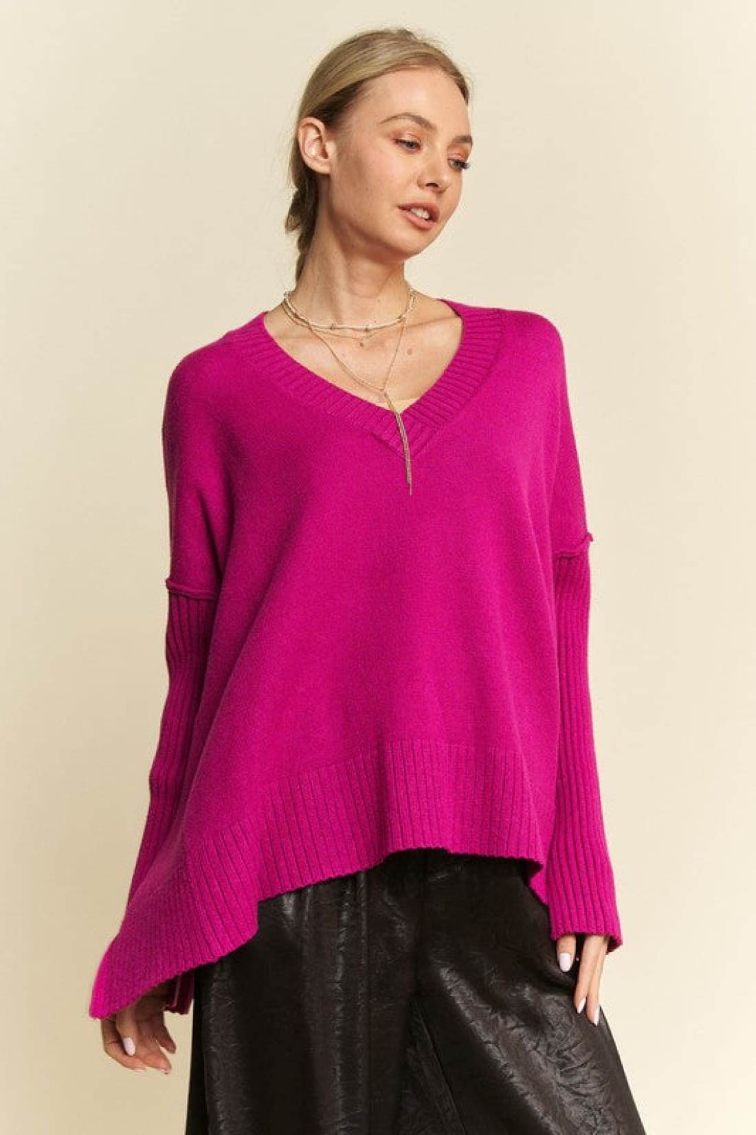 Ribbed Side Slit V-Neck Sweater