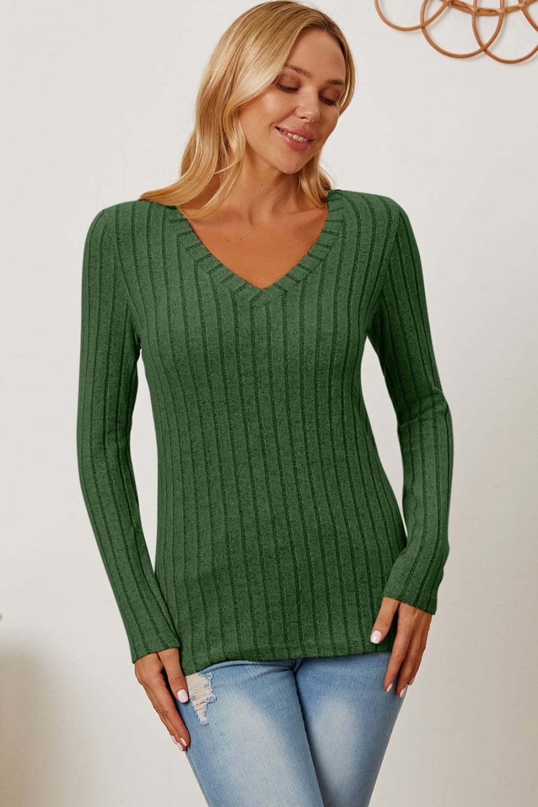 Ribbed V-Neck Long Sleeve T-Shirt | Long Sleeve Tops