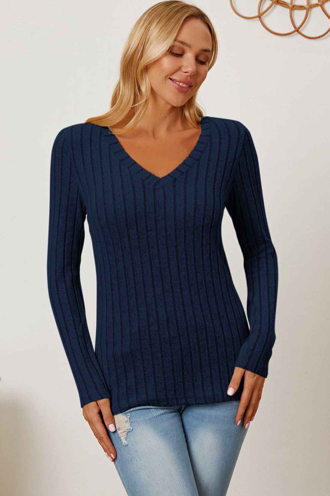 Ribbed V-Neck Long Sleeve T-Shirt | Long Sleeve Tops