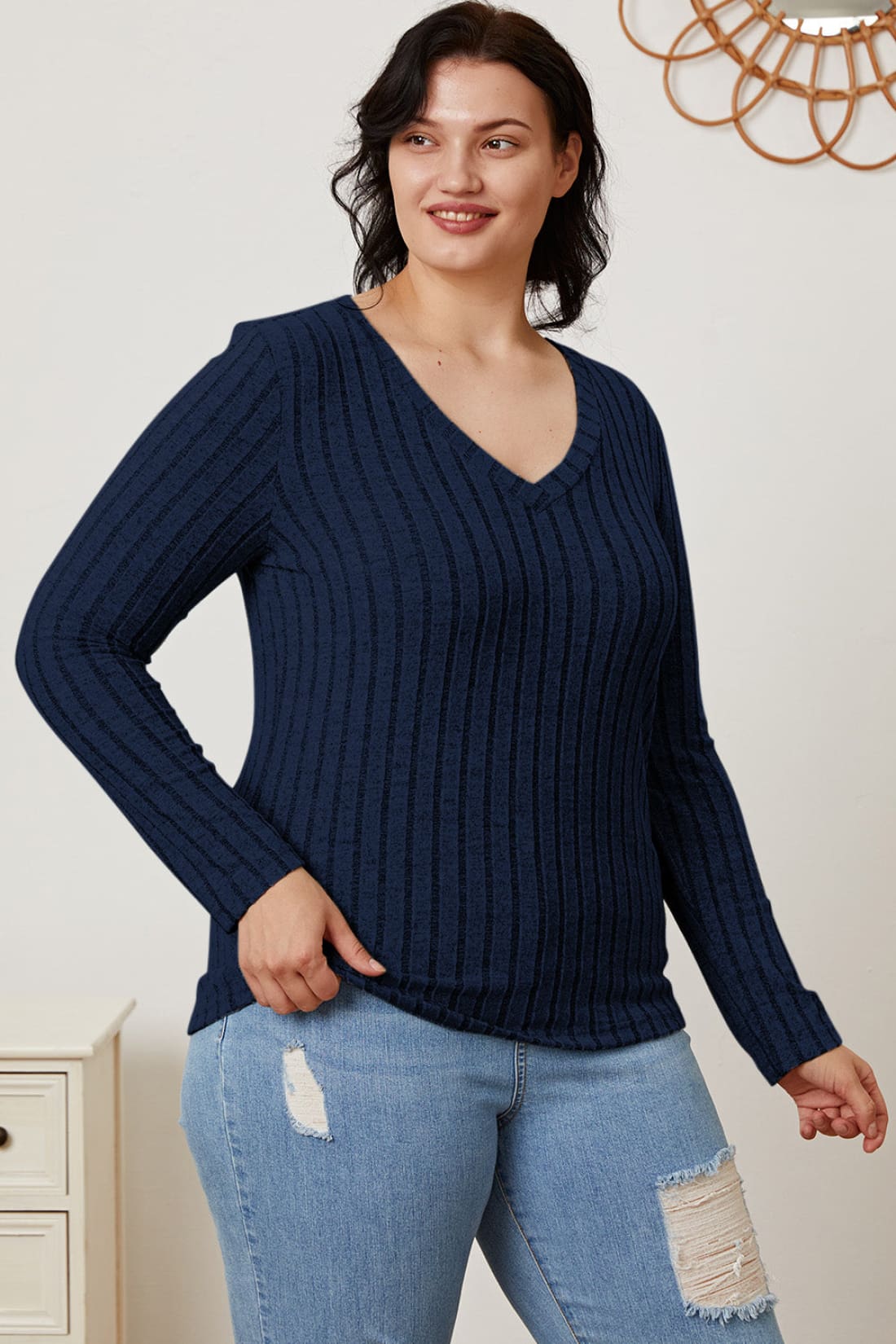 Ribbed V-Neck Long Sleeve T-Shirt | Long Sleeve Tops