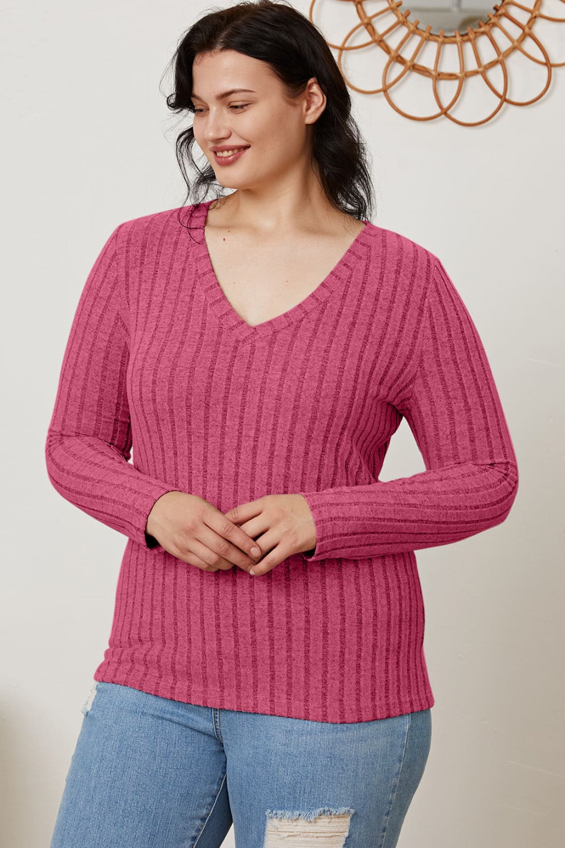 Ribbed V-Neck Long Sleeve T-Shirt | Long Sleeve Tops