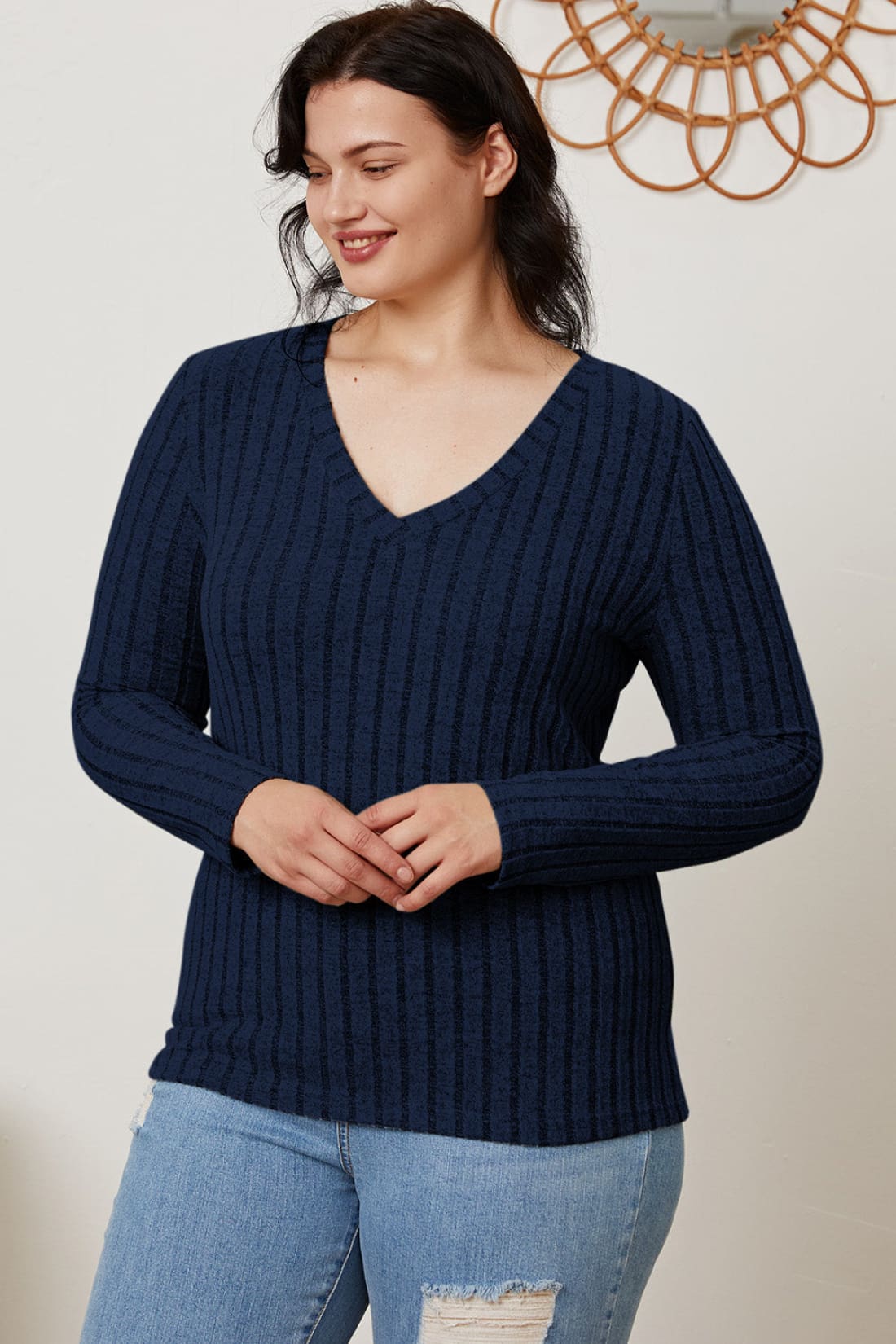 Ribbed V-Neck Long Sleeve T-Shirt | Long Sleeve Tops