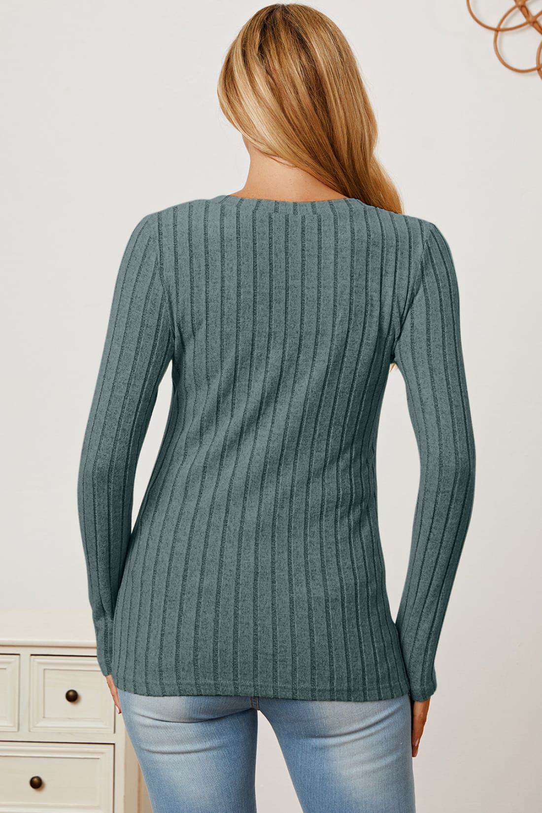 Ribbed V-Neck Long Sleeve T-Shirt | Long Sleeve Tops