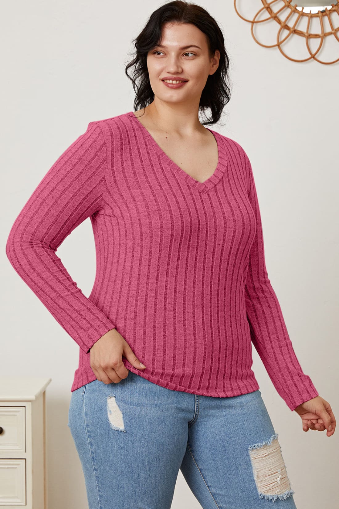 Ribbed V-Neck Long Sleeve T-Shirt | Long Sleeve Tops