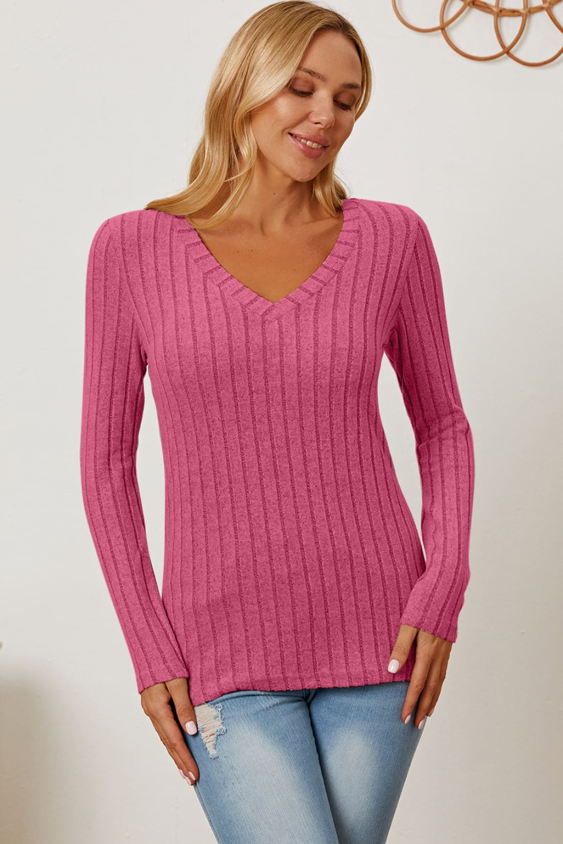 Ribbed V-Neck Long Sleeve T-Shirt | Long Sleeve Tops