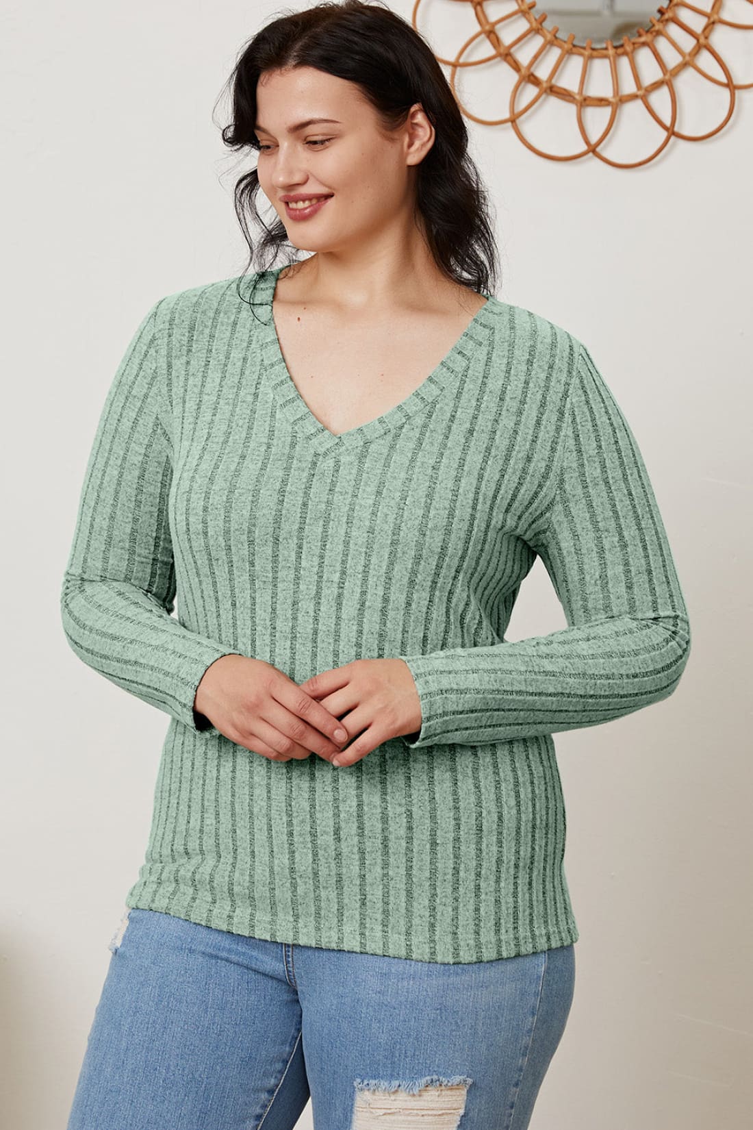 Ribbed V-Neck Long Sleeve T-Shirt | Long Sleeve Tops