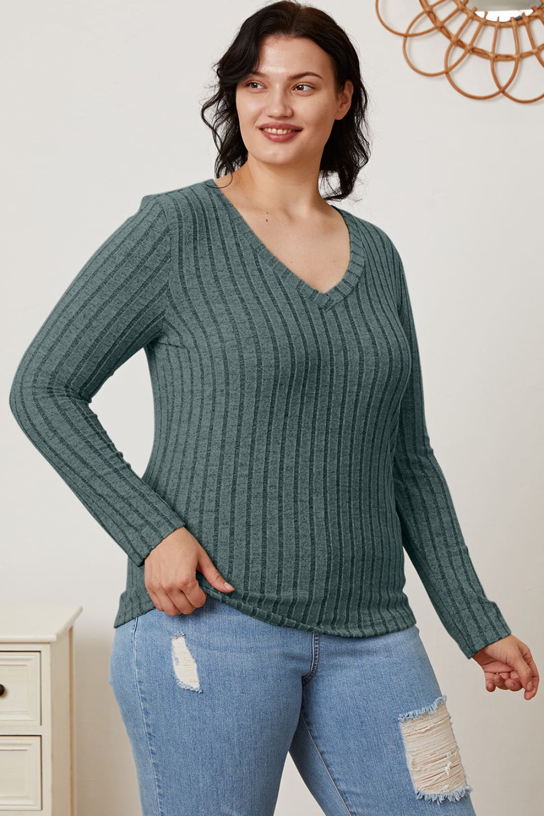 Ribbed V-Neck Long Sleeve T-Shirt | Long Sleeve Tops