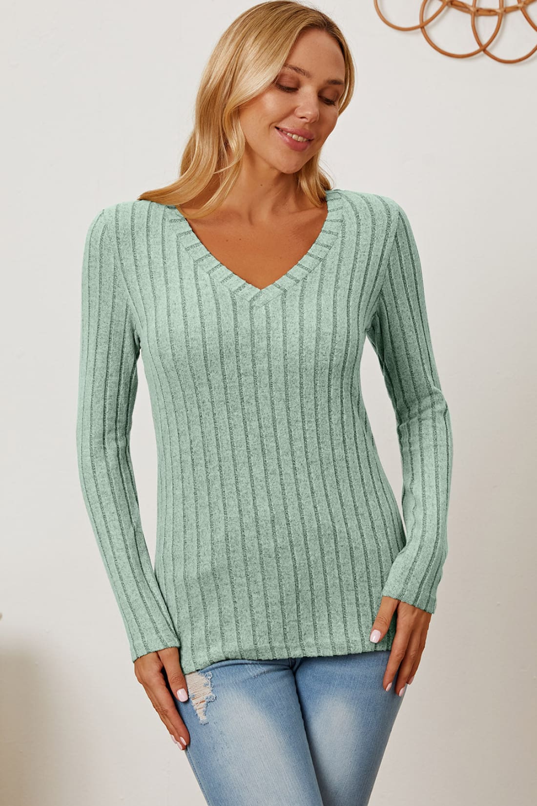 Ribbed V-Neck Long Sleeve T-Shirt | Long Sleeve Tops