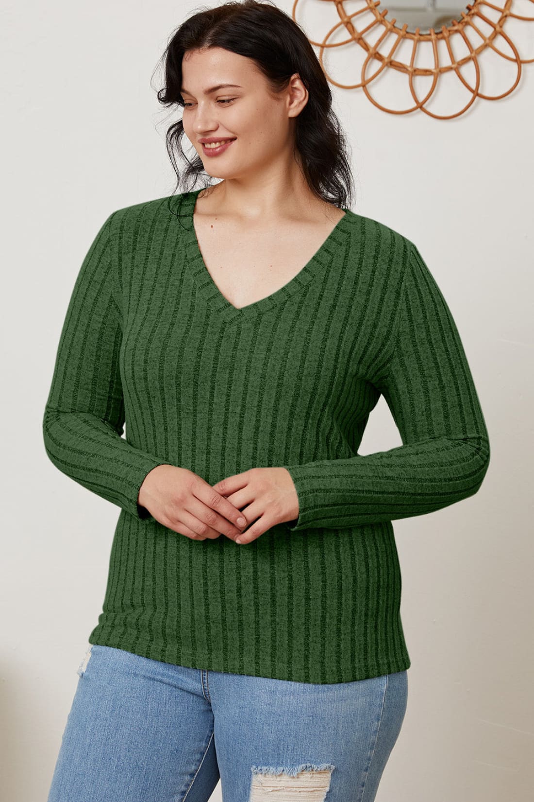 Ribbed V-Neck Long Sleeve T-Shirt | Long Sleeve Tops