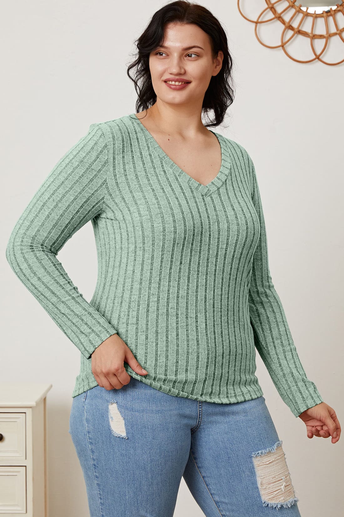 Ribbed V-Neck Long Sleeve T-Shirt | Long Sleeve Tops