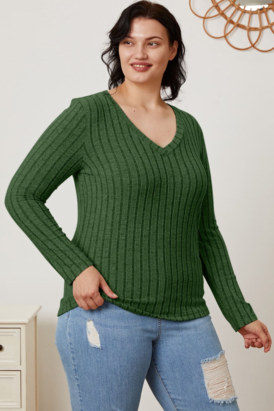 Ribbed V-Neck Long Sleeve T-Shirt | Long Sleeve Tops