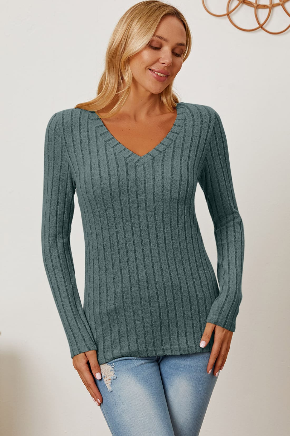 Ribbed V-Neck Long Sleeve T-Shirt | Long Sleeve Tops