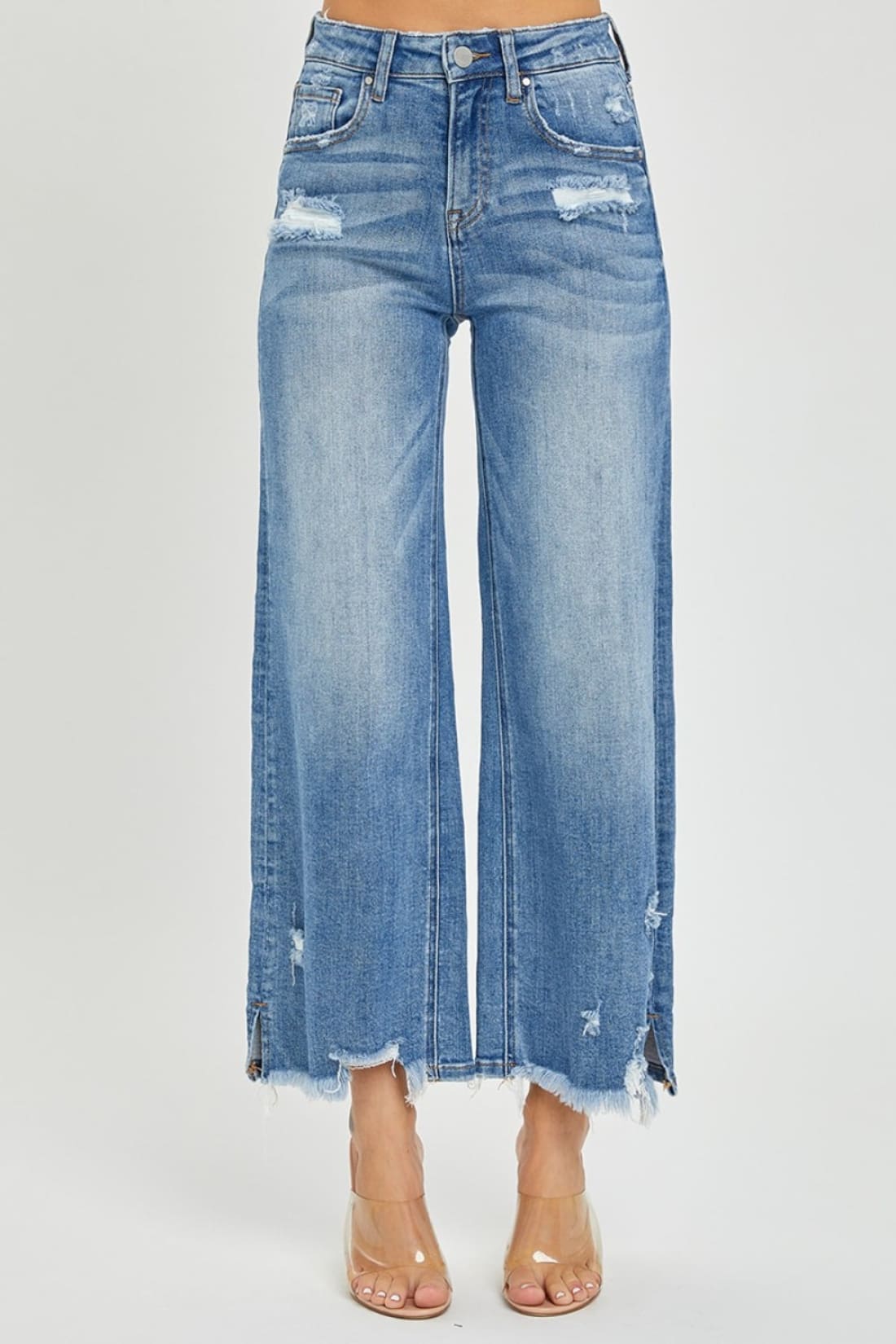 High Rise Side Slit Raw Hem Cropped Jeans