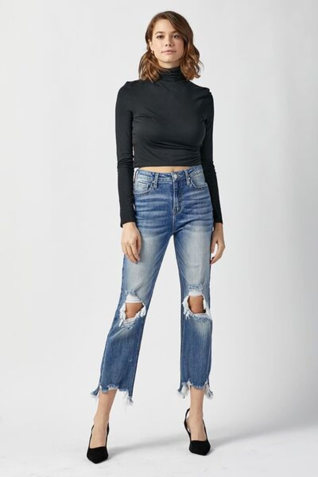 RISEN High Waist Distressed Frayed Hem Cropped Straight Jeans | Women’s Jeans