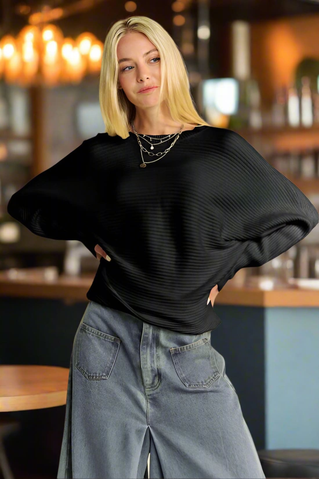 Round Neck Batwing Sleeve Sweater