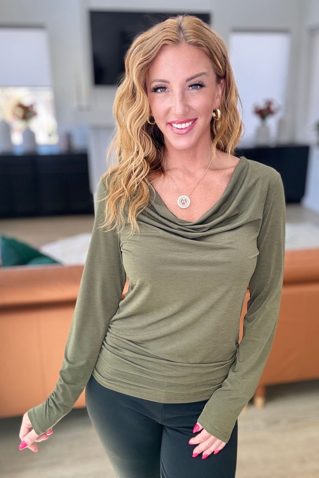 Ruched Cowl Neck Top in Olive | Long Sleeve Tops