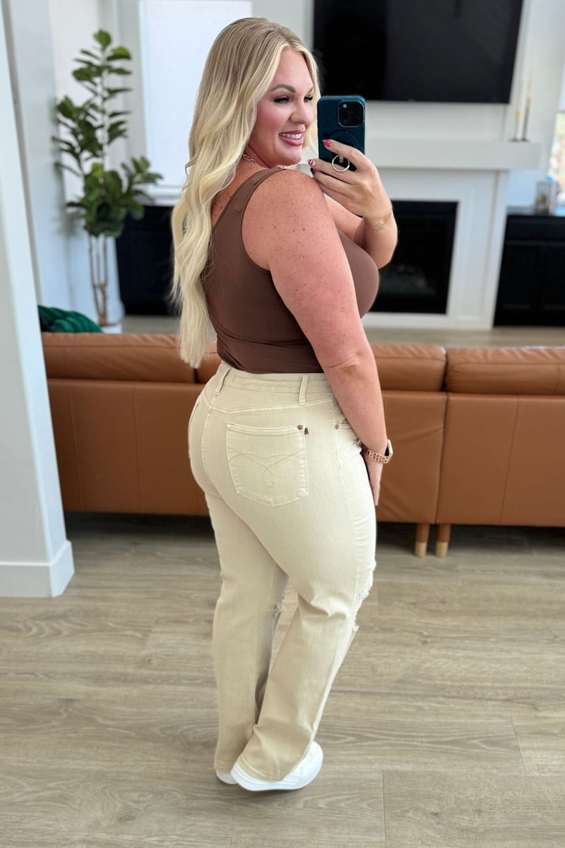 Selena High Rise Distressed 90’s Straight Jeans in Bone