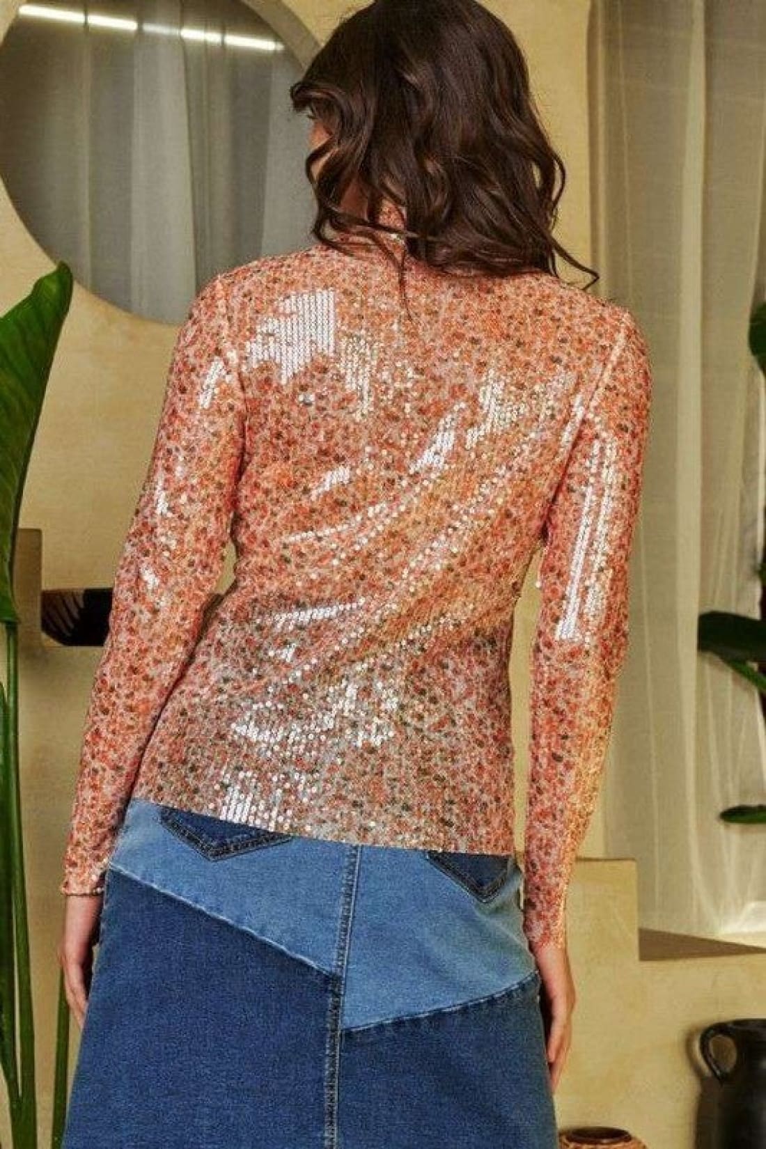 Sequin Mock Neck Long Sleeve Mesh Top
