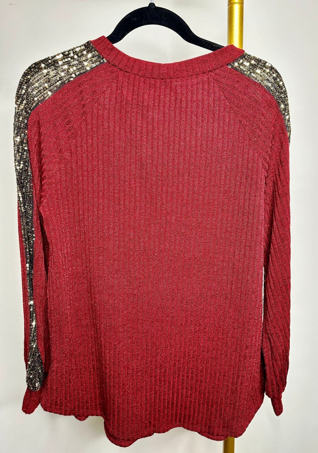 Sequin Detail Top in Cranberry | Long Sleeve Tops