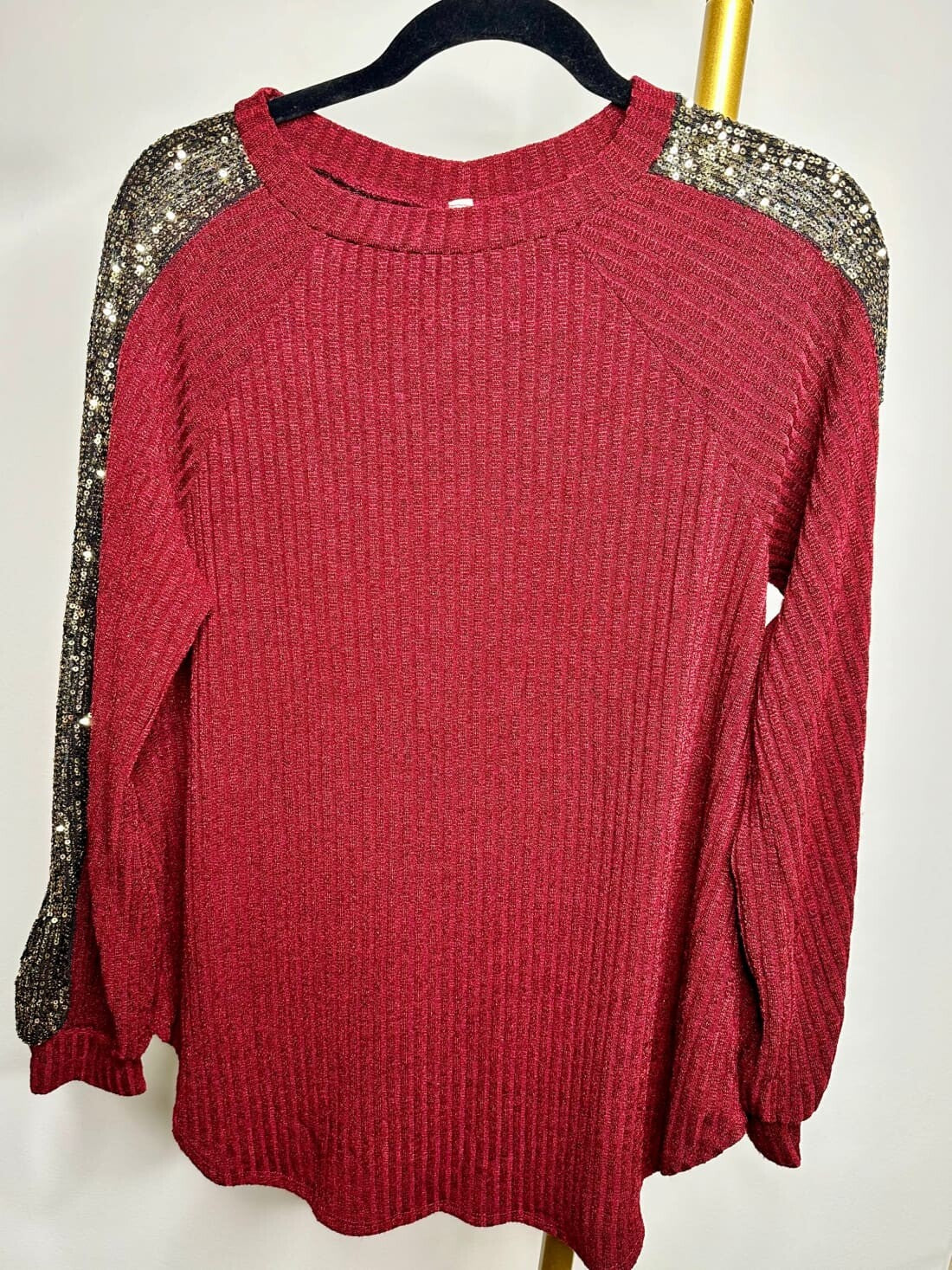 Sequin Detail Top in Cranberry | Long Sleeve Tops