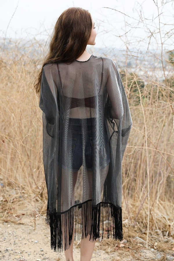 Sheer Metallic Tassel Kimono | Ponchos