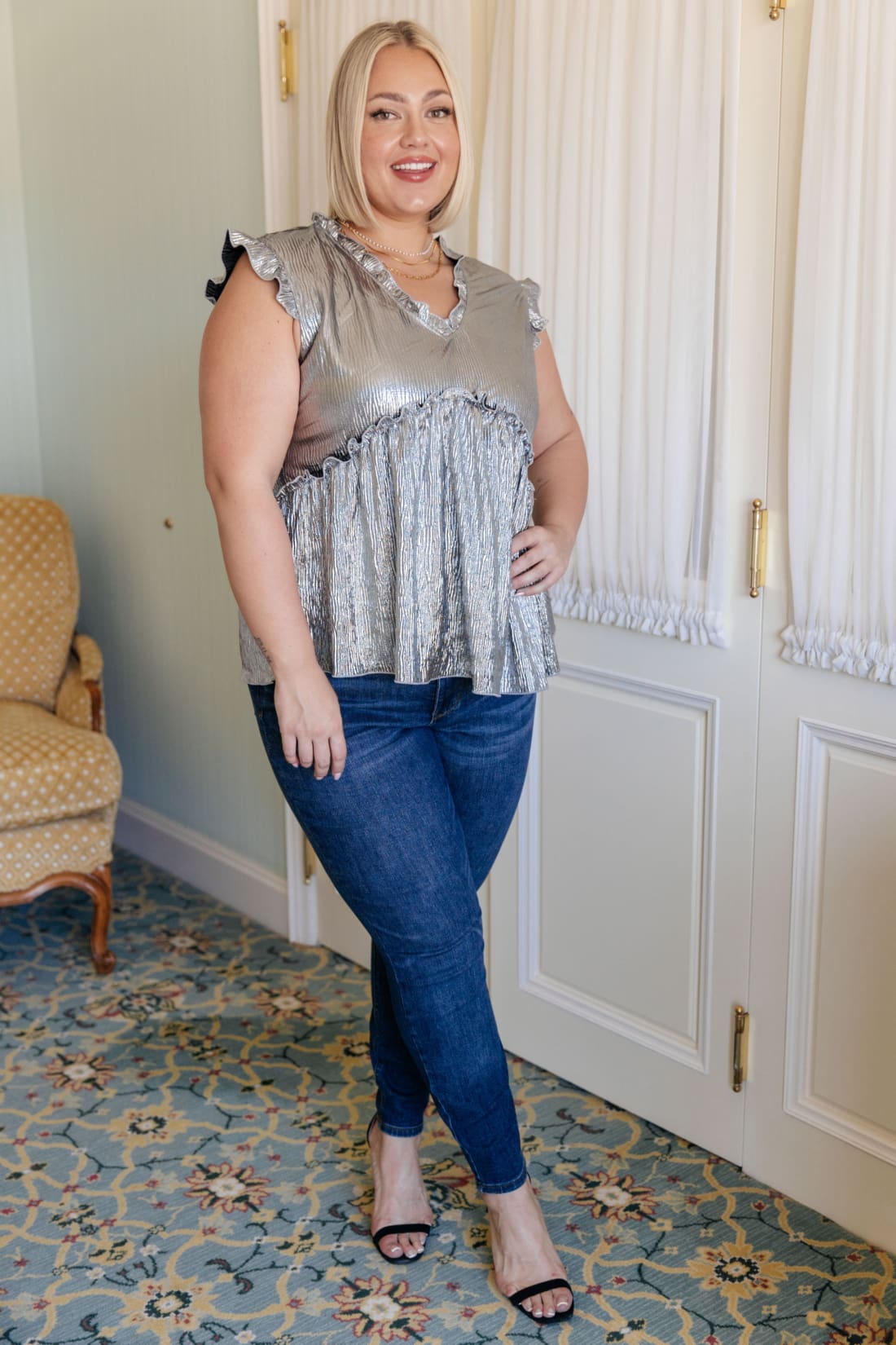 Shine On Metallic Peplum Top | Tank Tops