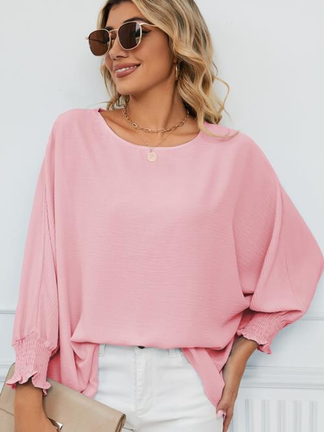 Smocked Lantern Sleeve Round Neck Blouse | Blouses & Shirts