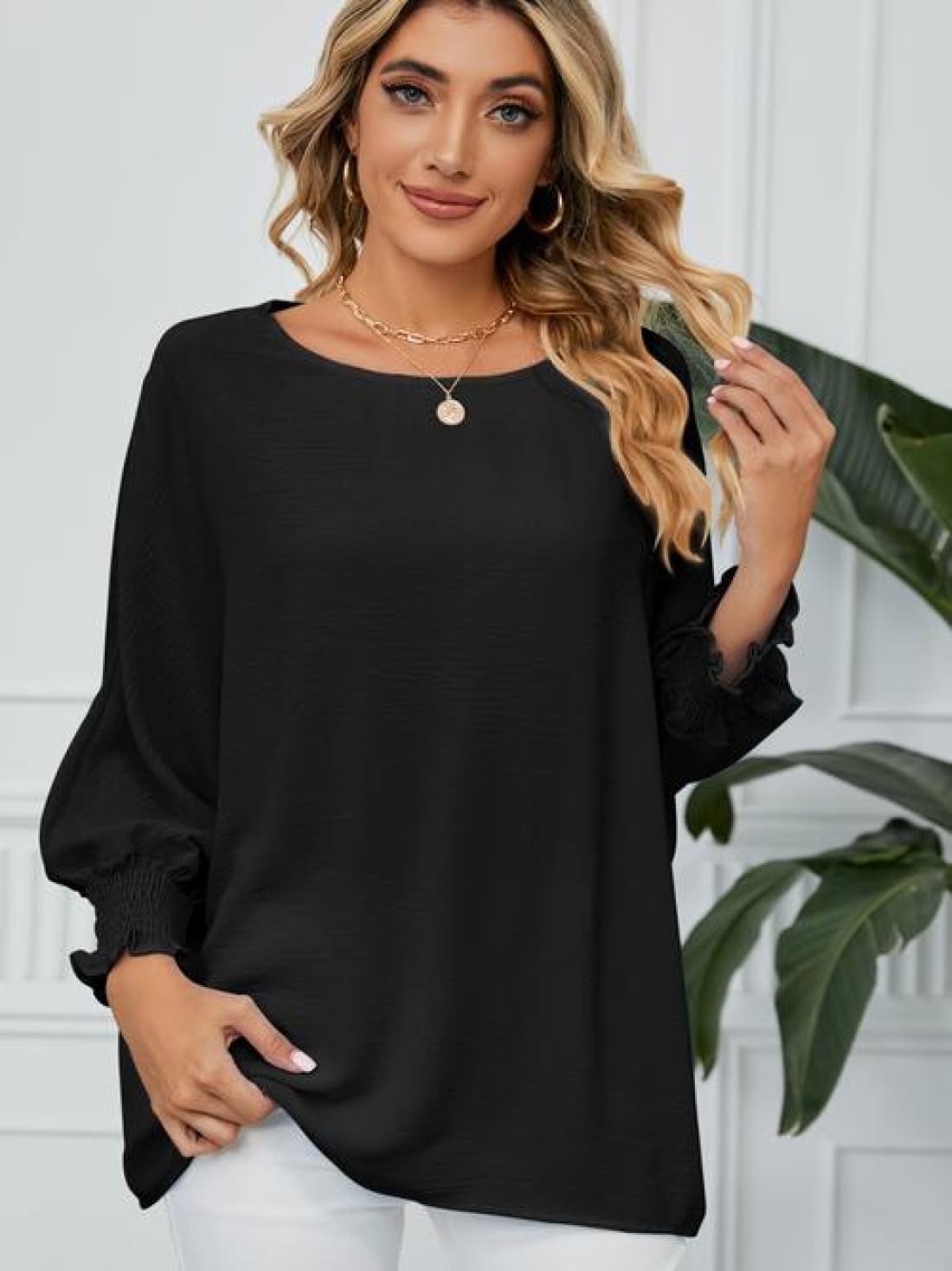 Smocked Lantern Sleeve Round Neck Blouse | Blouses & Shirts